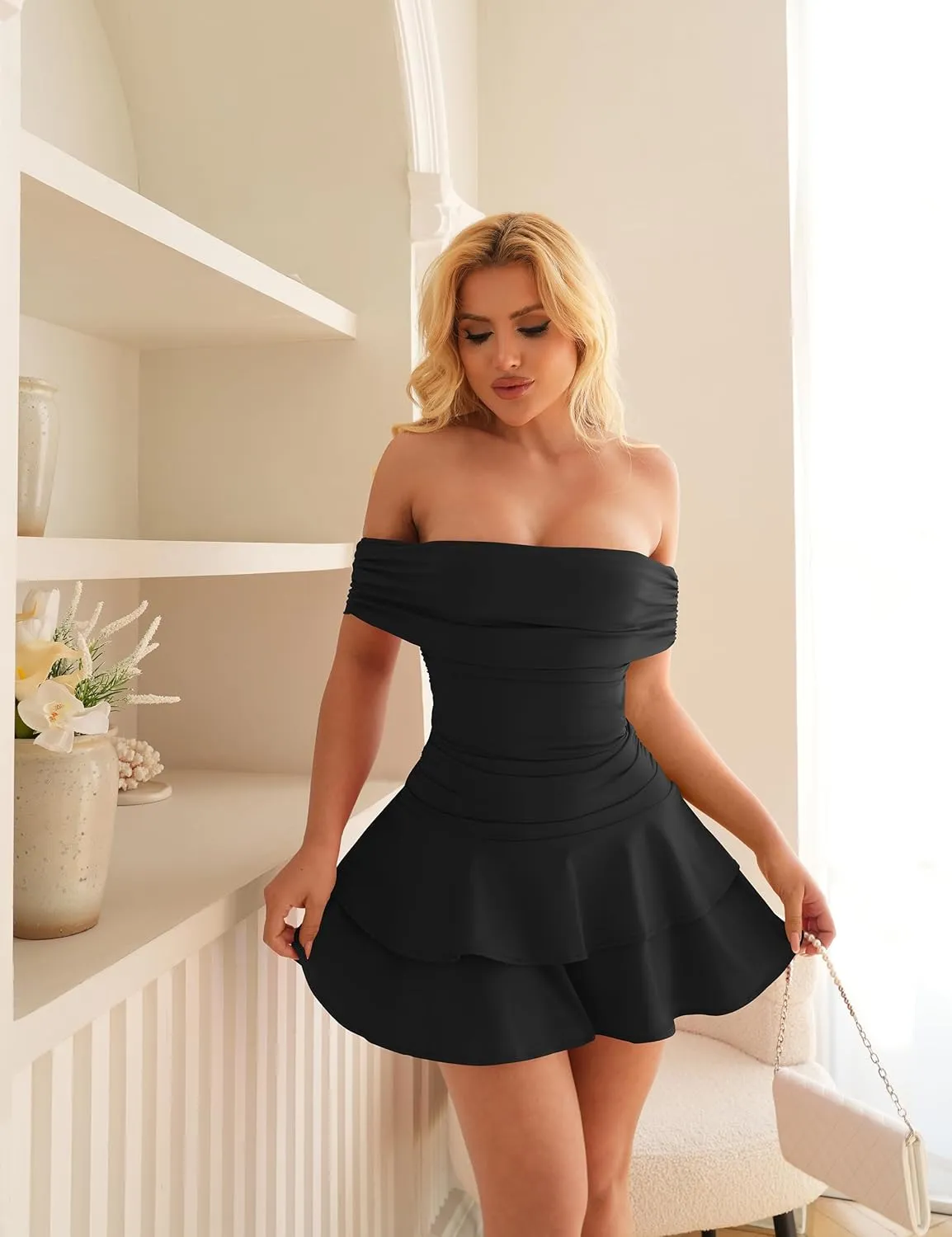 GOKATOSAU Women's Off Shoulder Folded Neck Tiered Ruffle Hem Bodycon Ruched Waist Mini Dress
