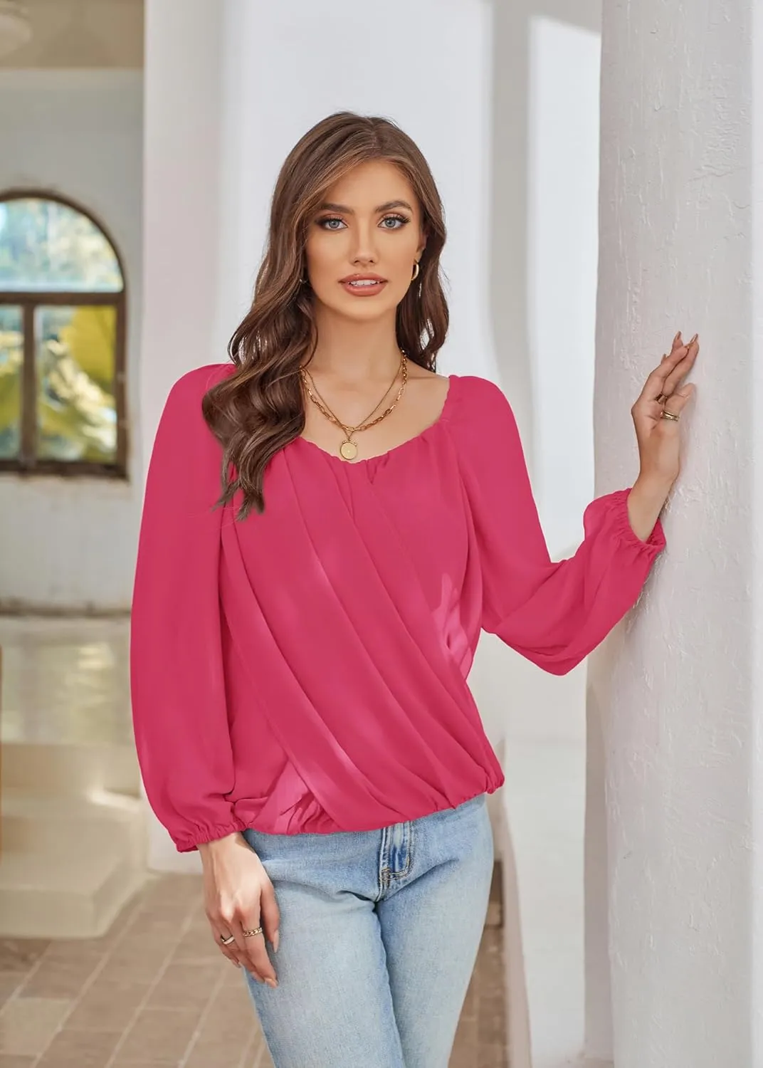 GRACE KARIN Women's Lantern Long Sleeve Tops 2024 Casual Loose Chiffon Shirts Criss Cross Ruffle Pleated Blouses