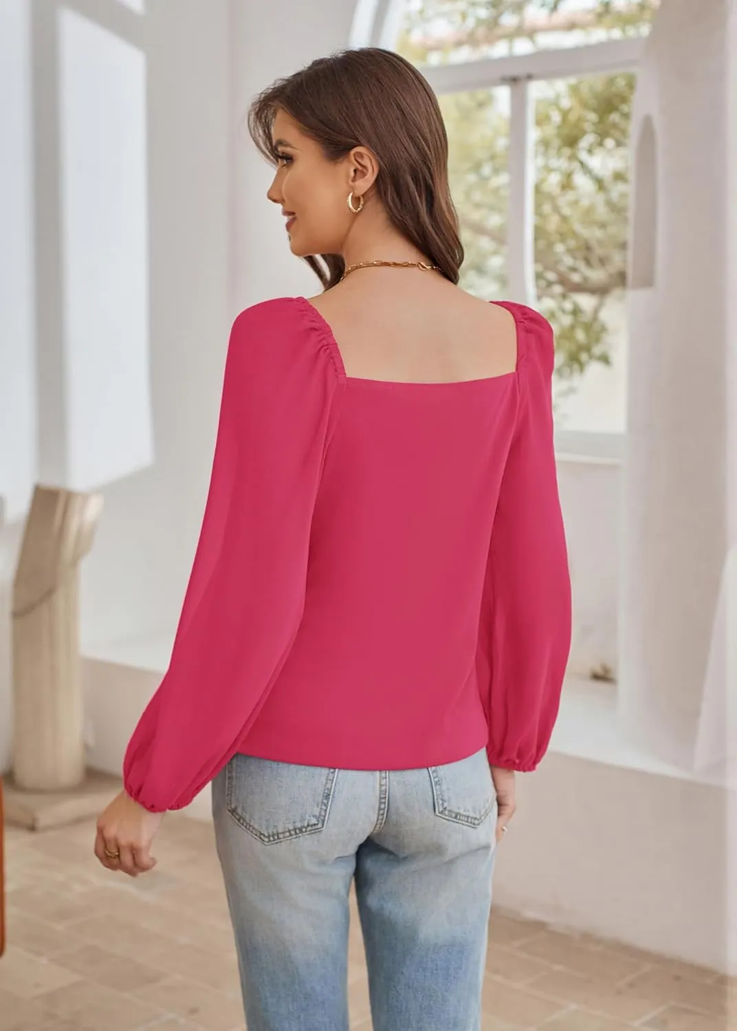 GRACE KARIN Women's Lantern Long Sleeve Tops 2024 Casual Loose Chiffon Shirts Criss Cross Ruffle Pleated Blouses
