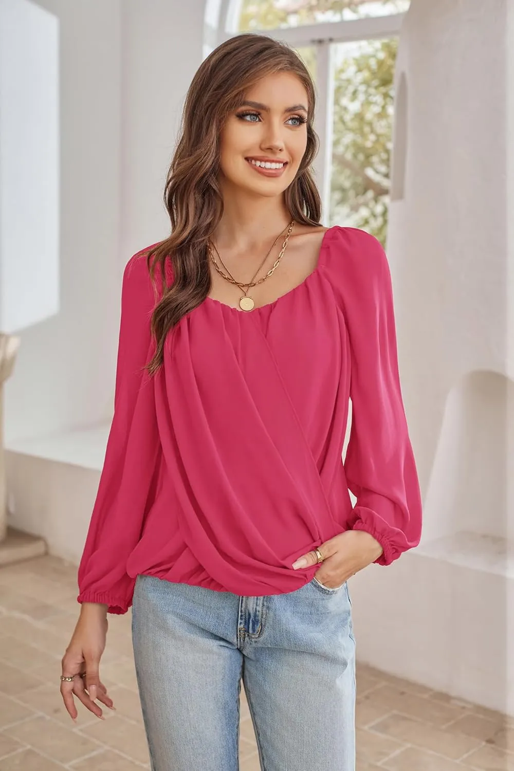 GRACE KARIN Women's Lantern Long Sleeve Tops 2024 Casual Loose Chiffon Shirts Criss Cross Ruffle Pleated Blouses
