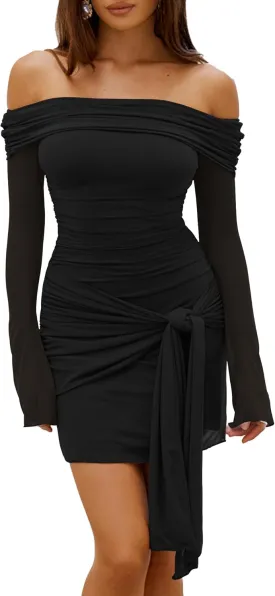 HOCILLE Women's Sexy Off Shoulder Bodycon Mini Dress Mesh Long Sleeve Wrap Tie Waist Ruched Party Dresses