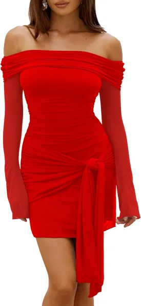 HOCILLE Women's Sexy Off Shoulder Bodycon Mini Dress Mesh Long Sleeve Wrap Tie Waist Ruched Party Dresses