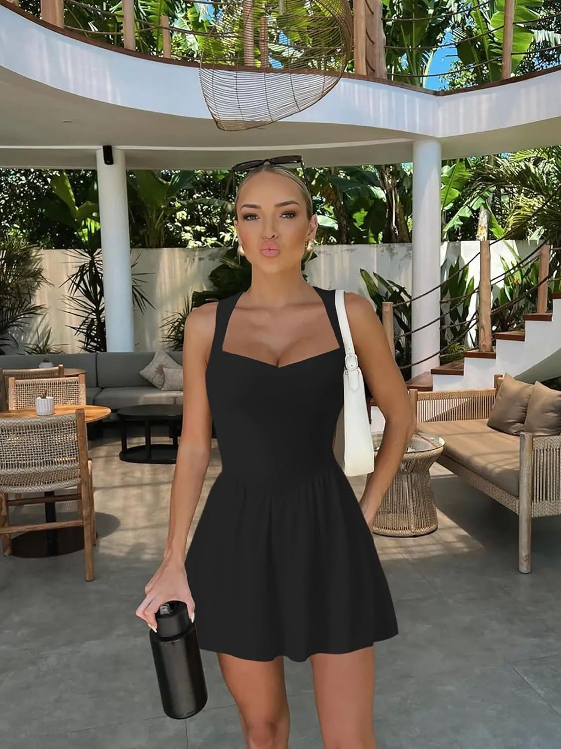 HOCILLE Women's Sexy Sleeveless V Neck Ruffle Hem Tank Dress A Line Ruched Party Mini Dresses