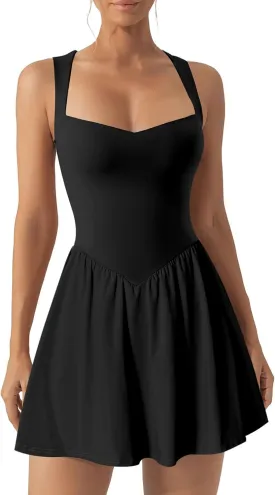 HOCILLE Women's Sexy Sleeveless V Neck Ruffle Hem Tank Dress A Line Ruched Party Mini Dresses