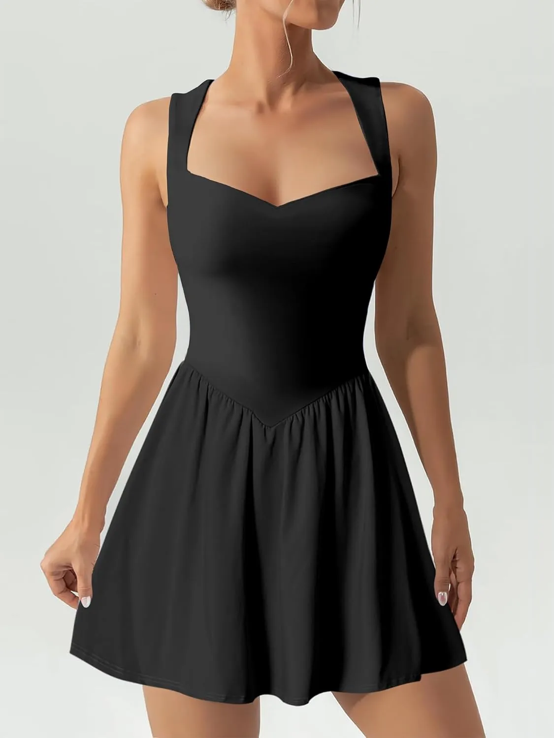 HOCILLE Women's Sexy Sleeveless V Neck Ruffle Hem Tank Dress A Line Ruched Party Mini Dresses