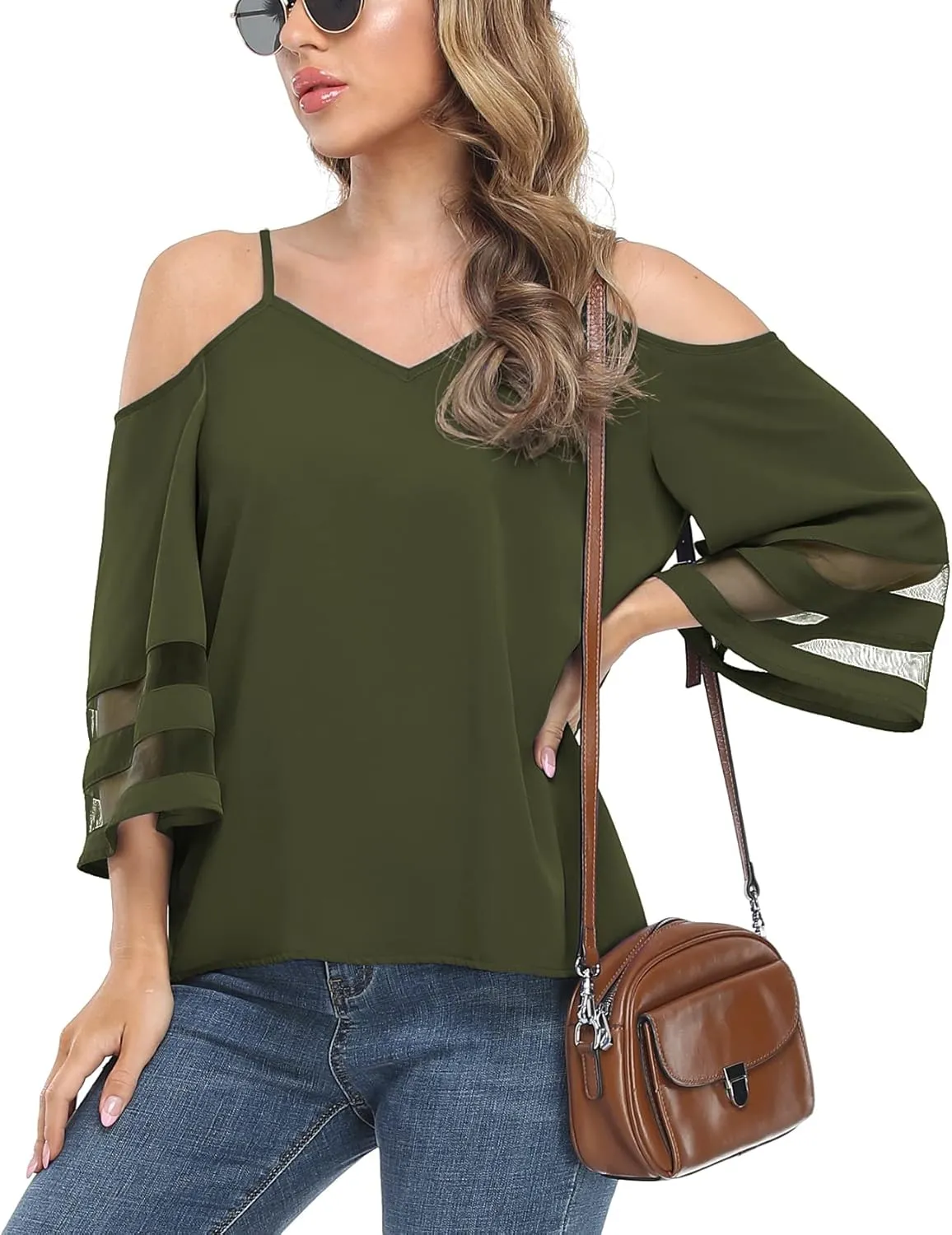 Jouica Womens Summer Cold Shoulder Tops Mesh Panel 3/4 Bell Sleeve Tees Adjustable Spaghetti Strap Loose Fit Shirts