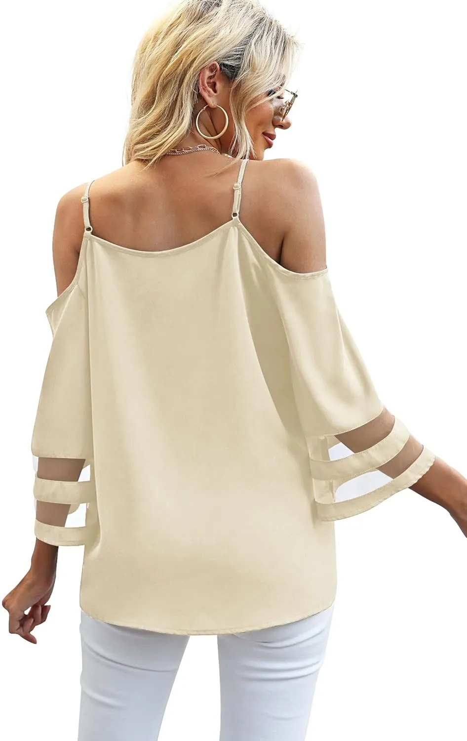 Jouica Womens Summer Cold Shoulder Tops Mesh Panel 3/4 Bell Sleeve Tees Adjustable Spaghetti Strap Loose Fit Shirts