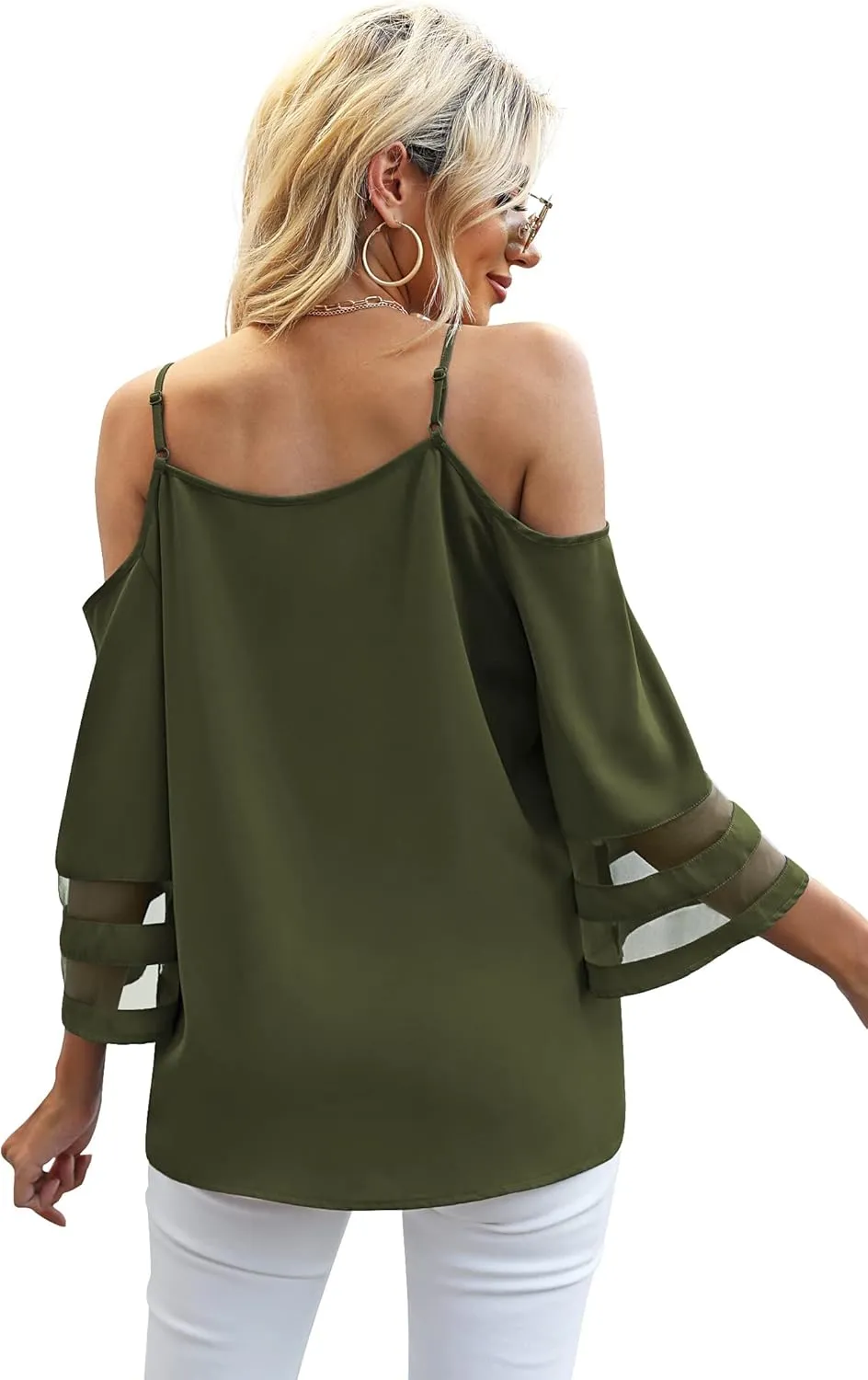 Jouica Womens Summer Cold Shoulder Tops Mesh Panel 3/4 Bell Sleeve Tees Adjustable Spaghetti Strap Loose Fit Shirts