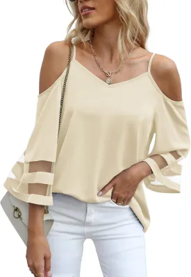 Jouica Womens Summer Cold Shoulder Tops Mesh Panel 3/4 Bell Sleeve Tees Adjustable Spaghetti Strap Loose Fit Shirts