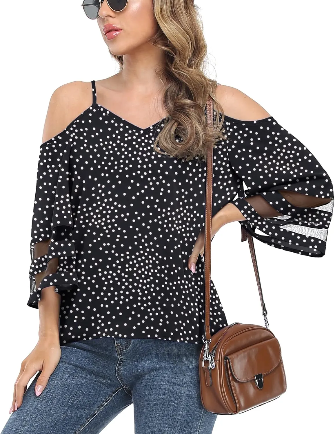 Jouica Womens Summer Cold Shoulder Tops Mesh Panel 3/4 Bell Sleeve Tees Adjustable Spaghetti Strap Loose Fit Shirts