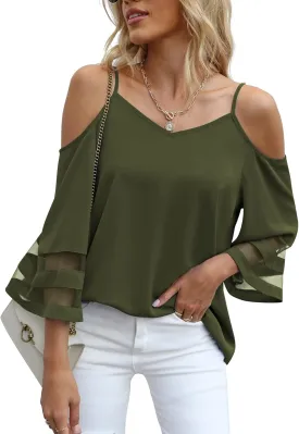 Jouica Womens Summer Cold Shoulder Tops Mesh Panel 3/4 Bell Sleeve Tees Adjustable Spaghetti Strap Loose Fit Shirts