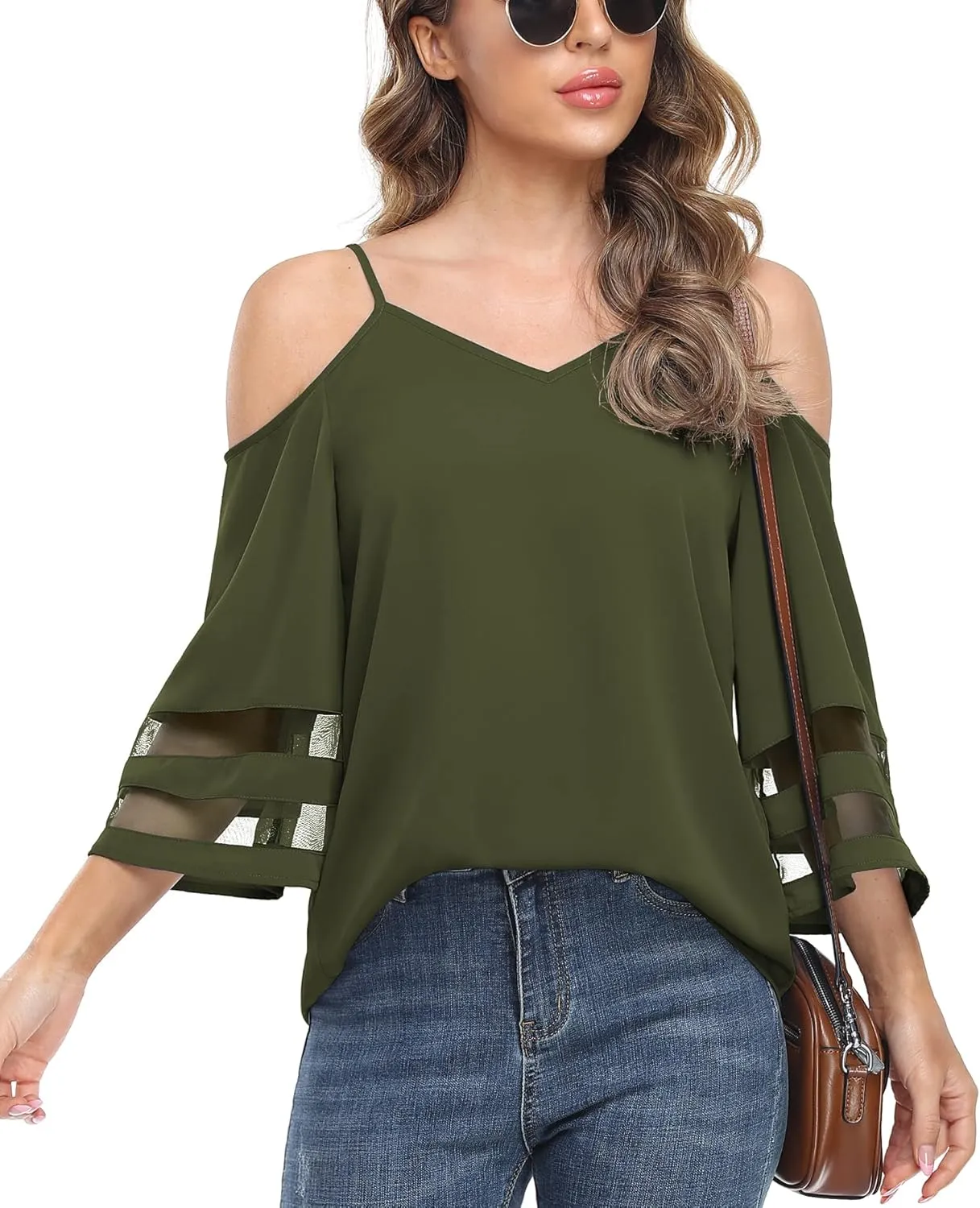 Jouica Womens Summer Cold Shoulder Tops Mesh Panel 3/4 Bell Sleeve Tees Adjustable Spaghetti Strap Loose Fit Shirts