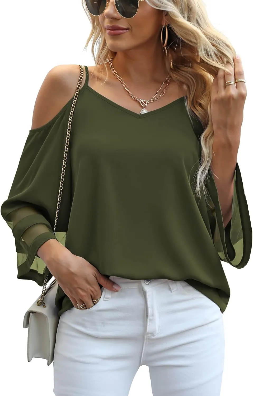 Jouica Womens Summer Cold Shoulder Tops Mesh Panel 3/4 Bell Sleeve Tees Adjustable Spaghetti Strap Loose Fit Shirts