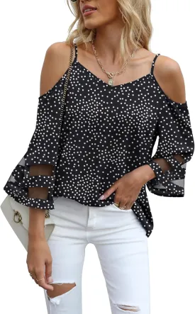 Jouica Womens Summer Cold Shoulder Tops Mesh Panel 3/4 Bell Sleeve Tees Adjustable Spaghetti Strap Loose Fit Shirts