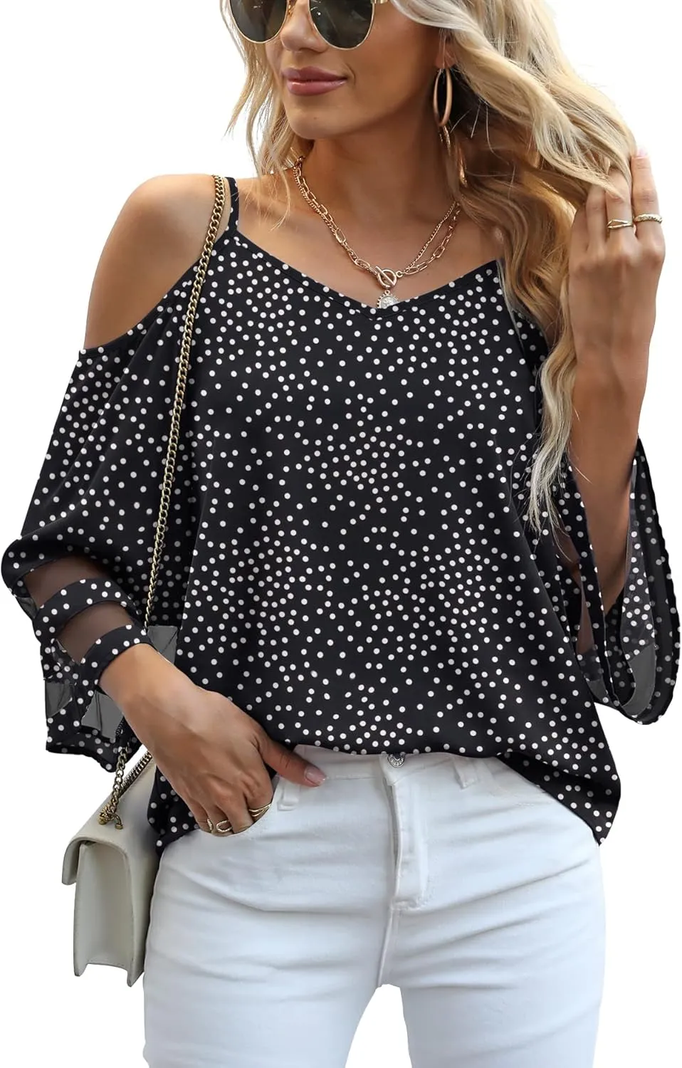 Jouica Womens Summer Cold Shoulder Tops Mesh Panel 3/4 Bell Sleeve Tees Adjustable Spaghetti Strap Loose Fit Shirts