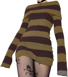 Kimydreama Women Sexy Long Sleeve Bodycon Striped Mini Dress Off Shoulder Slash Neck Knitted Wrapped Short Sweater Dress
