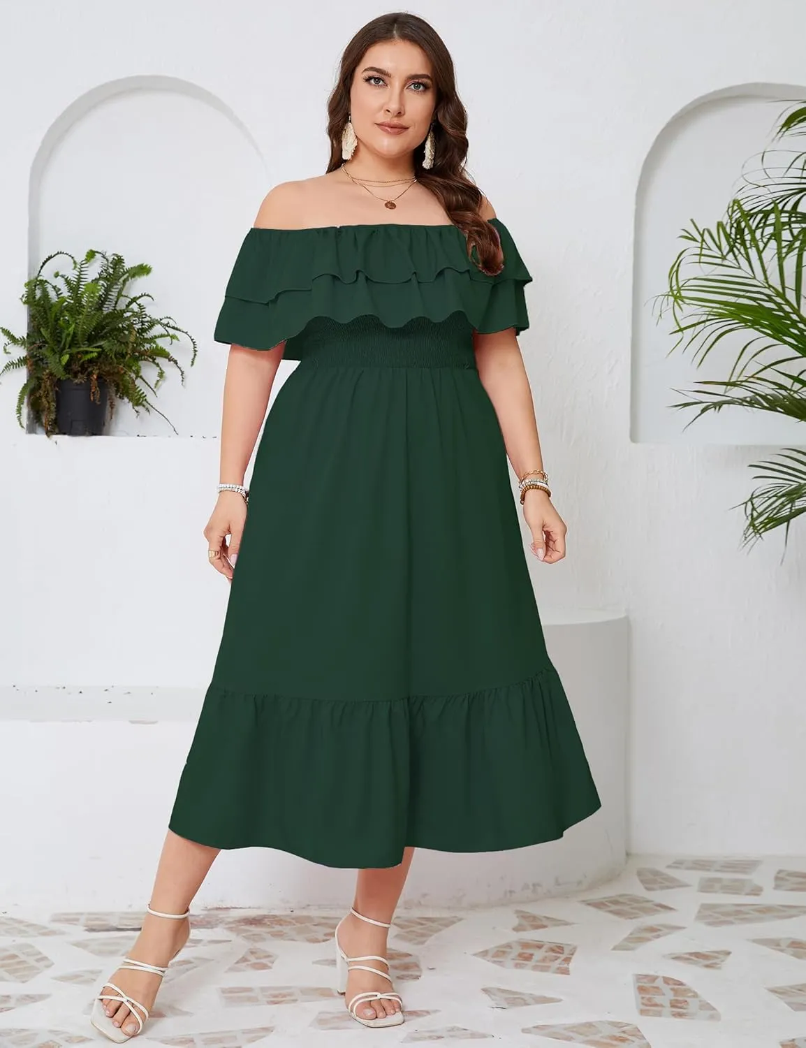KOJOOIN Women Plus Size Off Shoulder Maxi Dress Ruffle Flowy Casual Summer Boho Long Dresses