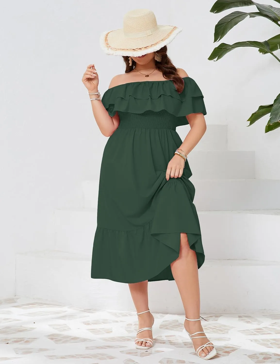 KOJOOIN Women Plus Size Off Shoulder Maxi Dress Ruffle Flowy Casual Summer Boho Long Dresses