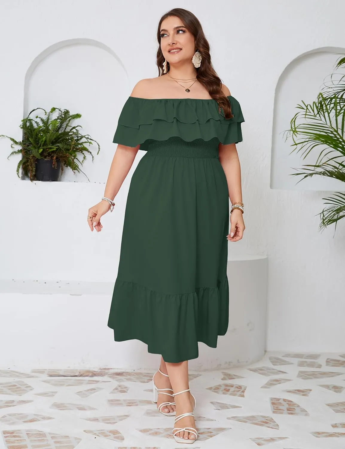 KOJOOIN Women Plus Size Off Shoulder Maxi Dress Ruffle Flowy Casual Summer Boho Long Dresses
