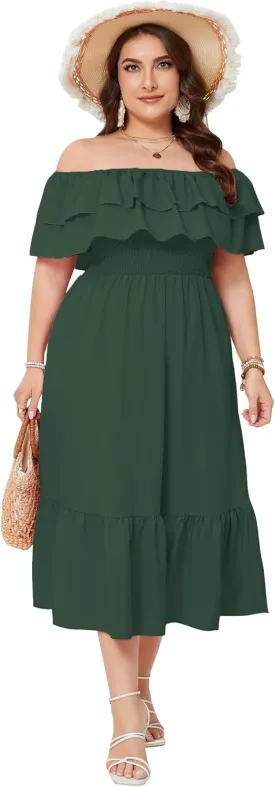 KOJOOIN Women Plus Size Off Shoulder Maxi Dress Ruffle Flowy Casual Summer Boho Long Dresses