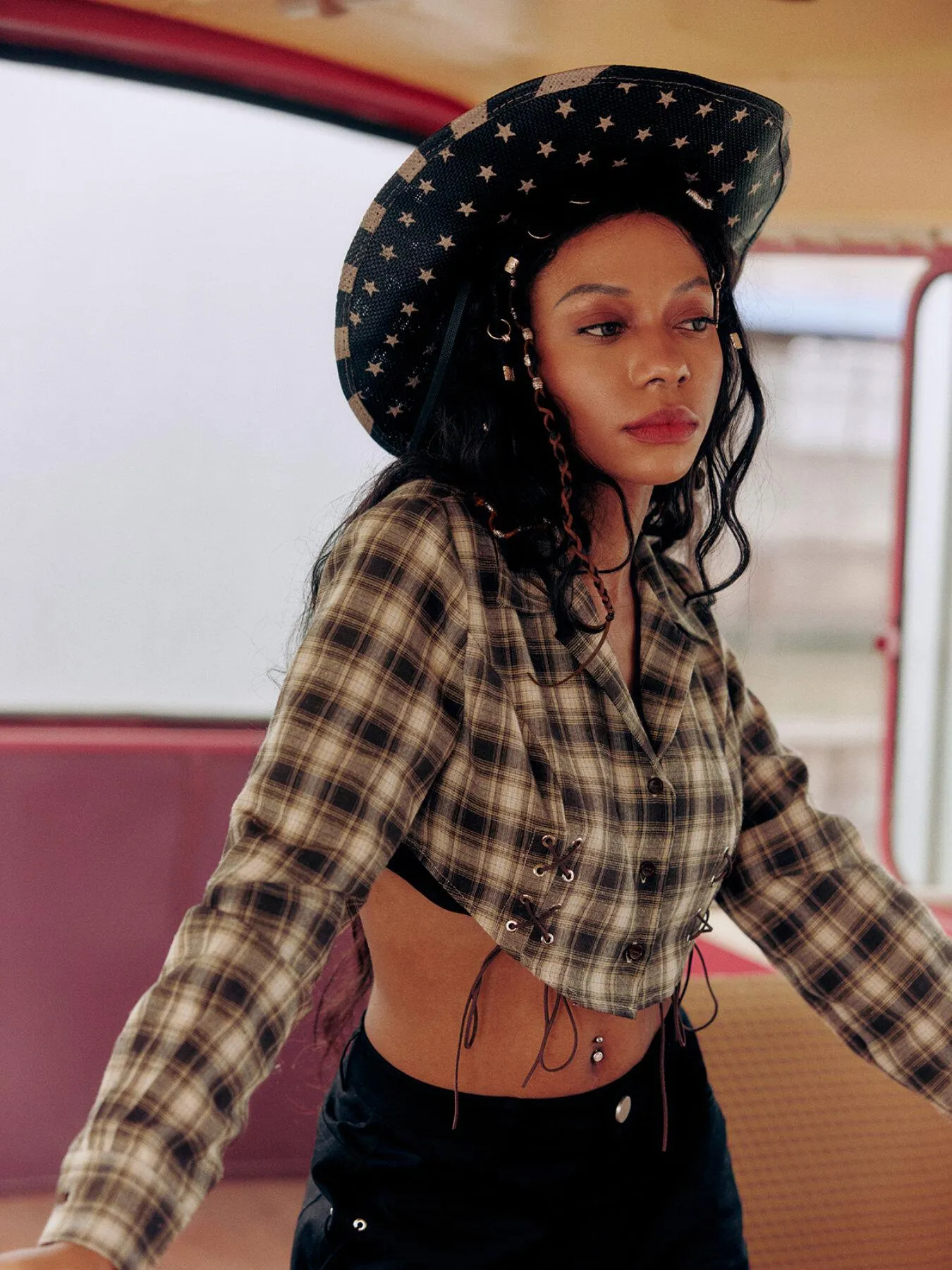 Lace Up Button Front Lapel Neck Crop Top