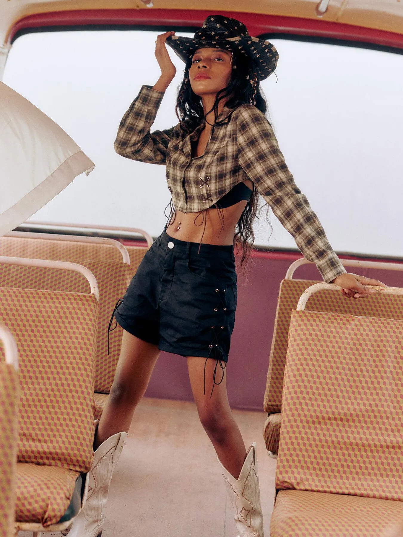 Lace Up Button Front Lapel Neck Crop Top
