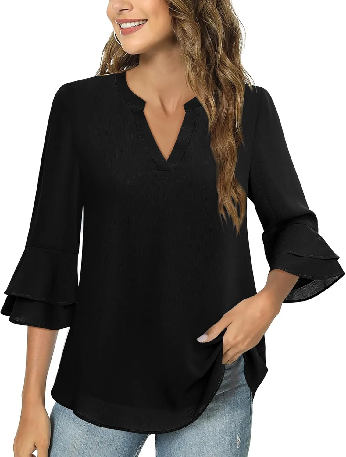 Lotusmile Womens Tops Dressy Casual 3/4 Tiered Bell Sleeve Blouses Double Layered Chiffon Work Tunic Shirts