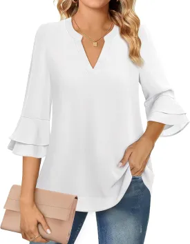 Lotusmile Womens Tops Dressy Casual 3/4 Tiered Bell Sleeve Blouses Double Layered Chiffon Work Tunic Shirts