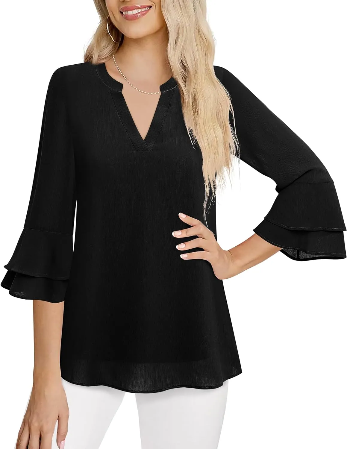 Lotusmile Womens Tops Dressy Casual 3/4 Tiered Bell Sleeve Blouses Double Layered Chiffon Work Tunic Shirts