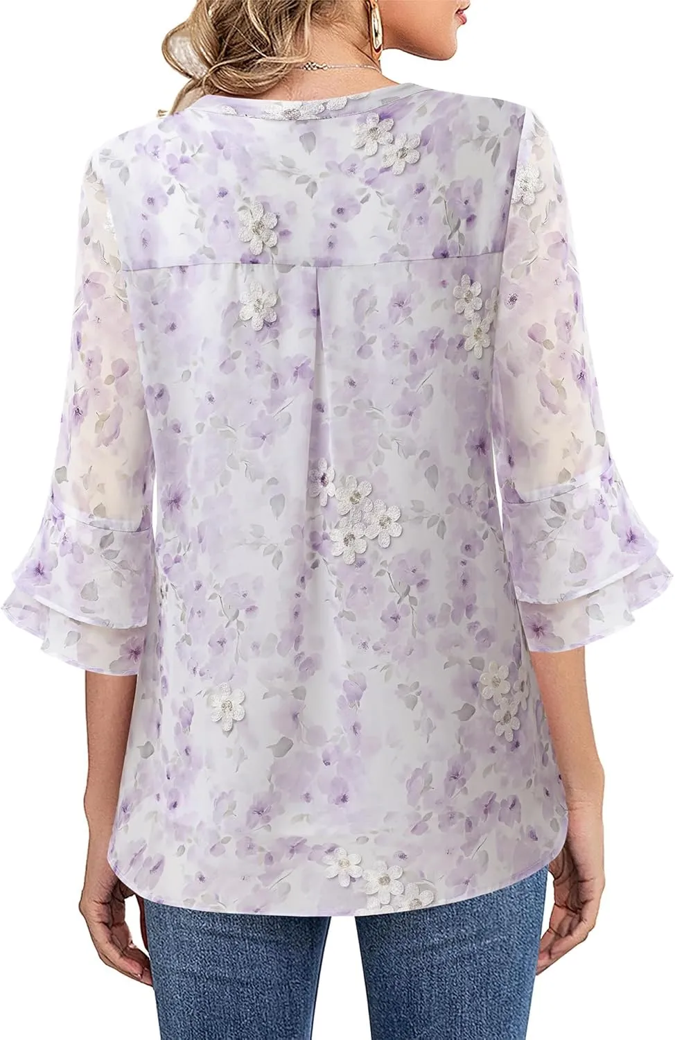 Lotusmile Womens Tops Dressy Casual 3/4 Tiered Bell Sleeve Blouses Double Layered Chiffon Work Tunic Shirts