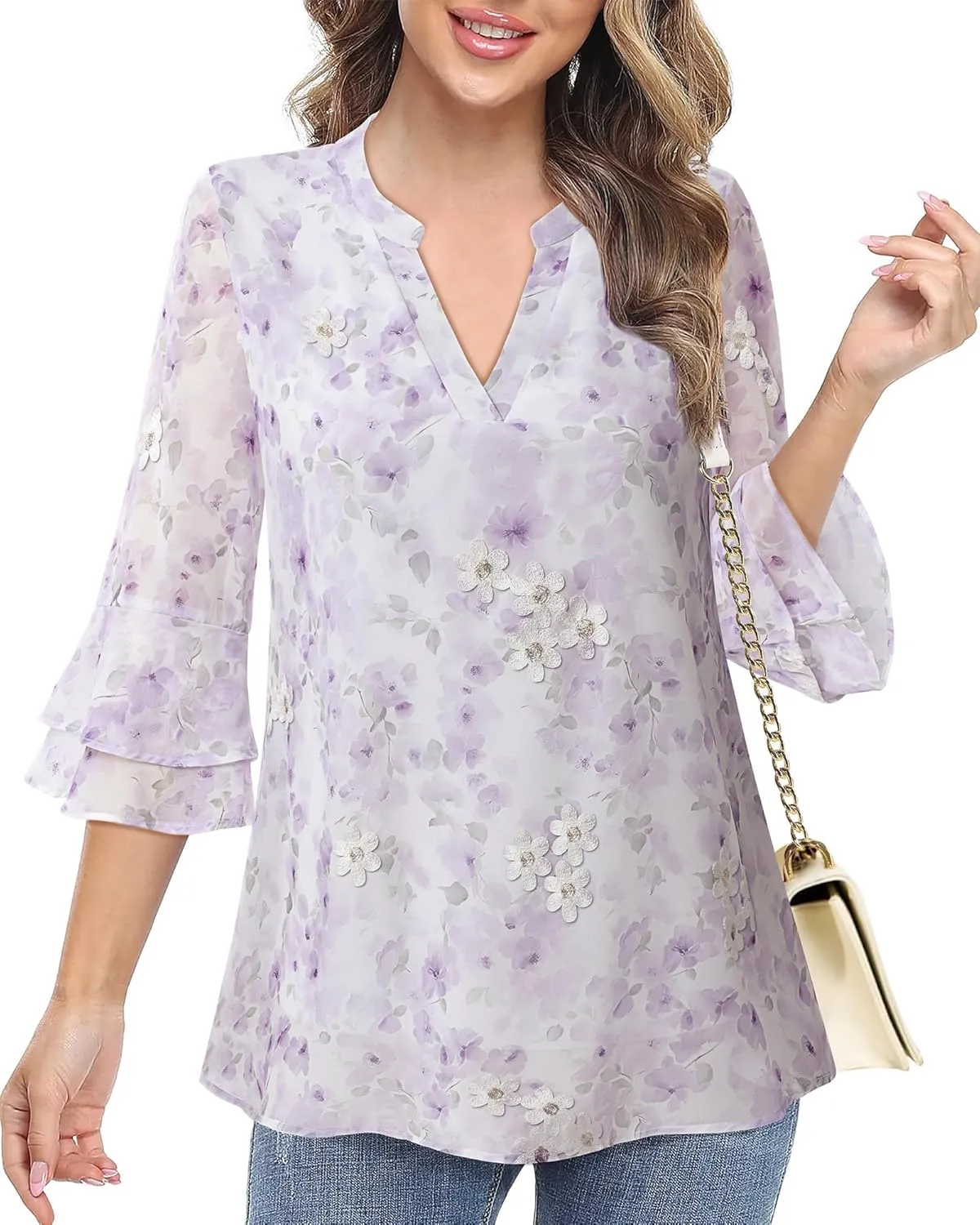 Lotusmile Womens Tops Dressy Casual 3/4 Tiered Bell Sleeve Blouses Double Layered Chiffon Work Tunic Shirts