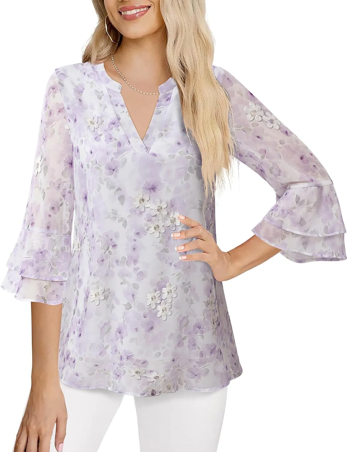 Lotusmile Womens Tops Dressy Casual 3/4 Tiered Bell Sleeve Blouses Double Layered Chiffon Work Tunic Shirts