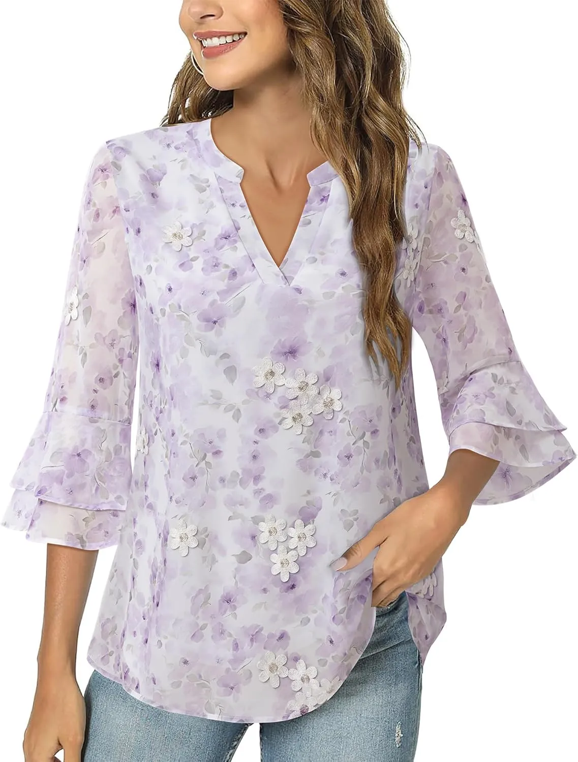 Lotusmile Womens Tops Dressy Casual 3/4 Tiered Bell Sleeve Blouses Double Layered Chiffon Work Tunic Shirts
