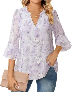 Lotusmile Womens Tops Dressy Casual 3/4 Tiered Bell Sleeve Blouses Double Layered Chiffon Work Tunic Shirts