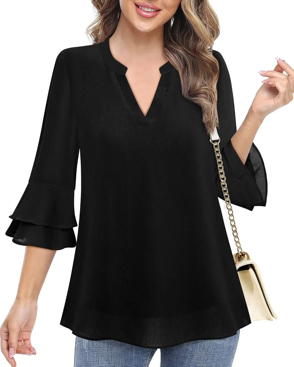 Lotusmile Womens Tops Dressy Casual 3/4 Tiered Bell Sleeve Blouses Double Layered Chiffon Work Tunic Shirts