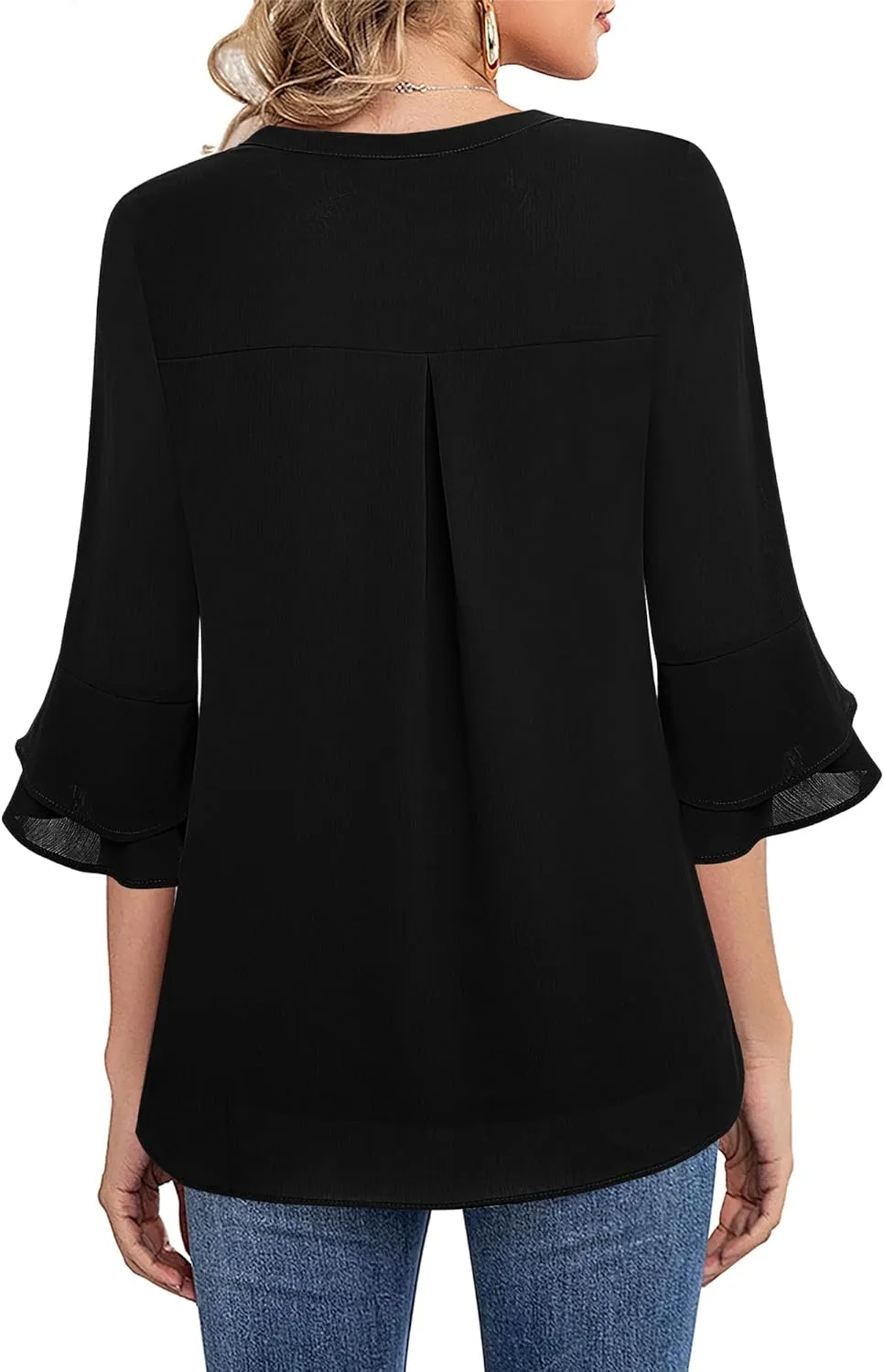 Lotusmile Womens Tops Dressy Casual 3/4 Tiered Bell Sleeve Blouses Double Layered Chiffon Work Tunic Shirts