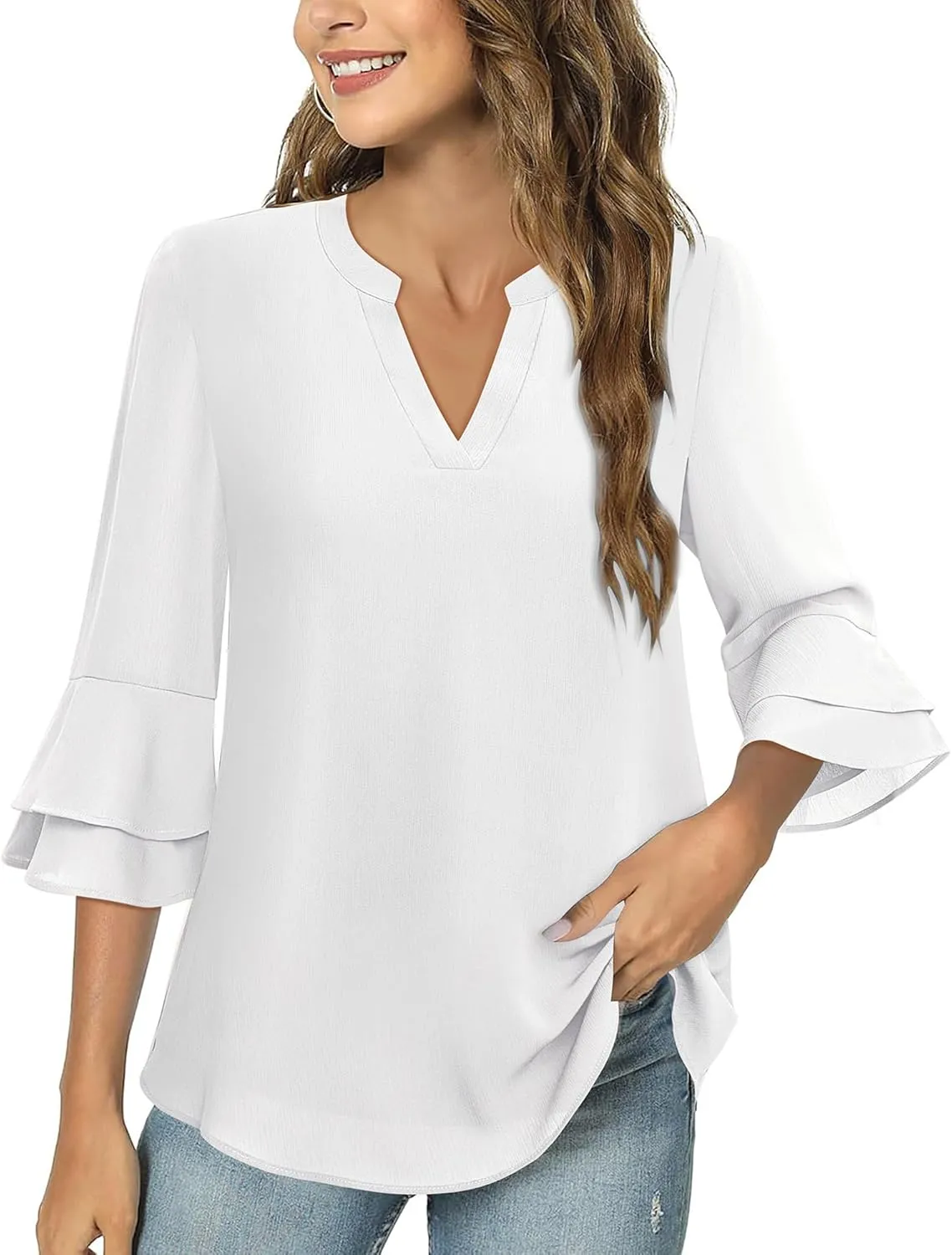 Lotusmile Womens Tops Dressy Casual 3/4 Tiered Bell Sleeve Blouses Double Layered Chiffon Work Tunic Shirts