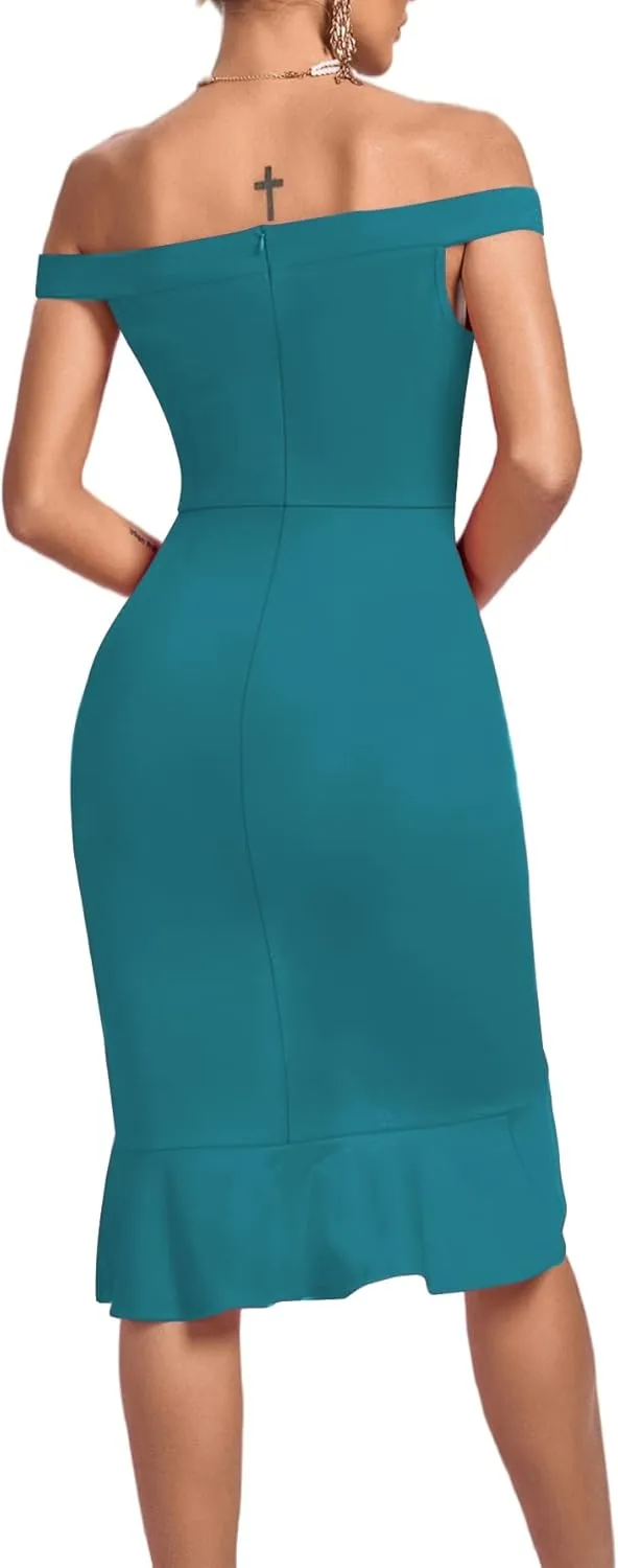 LYANER Women's Off Shoulder Ruffle Split Hem Bodycon Party Club Midi Dress