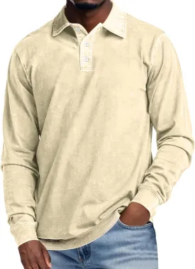Men's Long Sleeve Polo Shirts Distressed Washed Cotton T-Shirt Lightweight Casual Button Collared Shirt Top