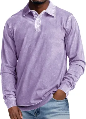 Men's Long Sleeve Polo Shirts Distressed Washed Cotton T-Shirt Lightweight Casual Button Collared Shirt Top