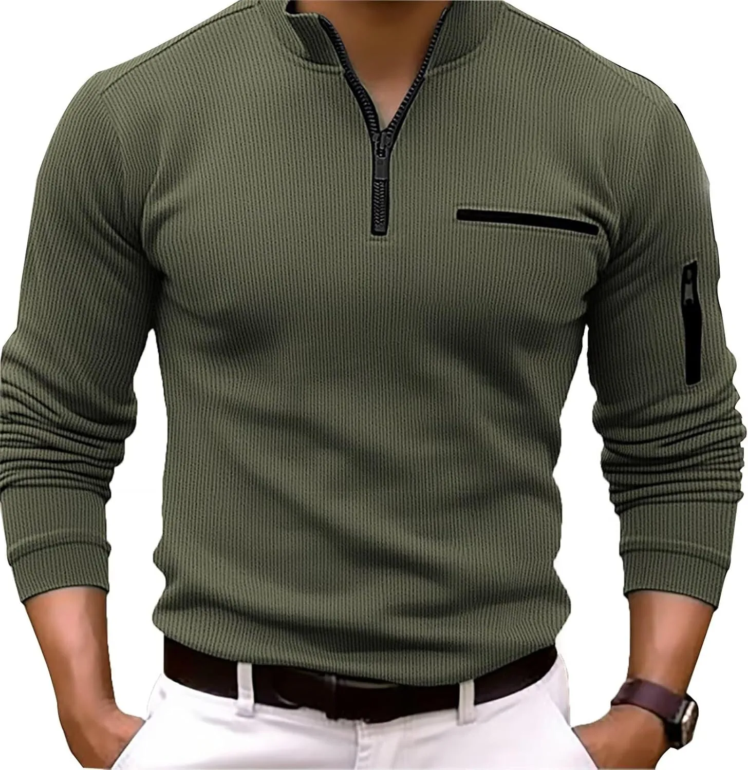 Men's Quarter Zip Polo Shirts Long Sleeve Pullover Lightweight Mock Neck Casual Slim Fit Golf Polo Shirt