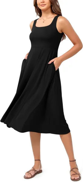 ODODOS Square Neck Midi Dress with Pockets for Women Summer Casual Sleeveless Sundress Flare Tank Dress