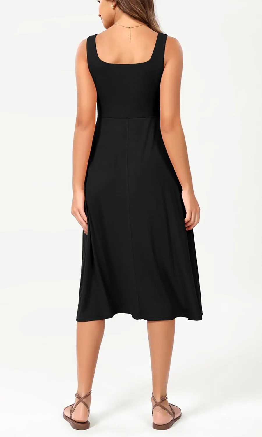 ODODOS Square Neck Midi Dress with Pockets for Women Summer Casual Sleeveless Sundress Flare Tank Dress