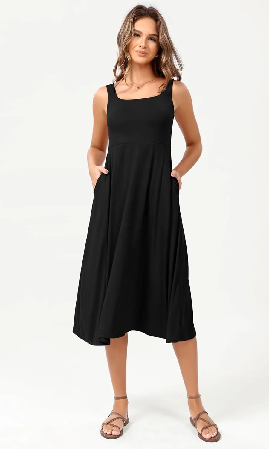 ODODOS Square Neck Midi Dress with Pockets for Women Summer Casual Sleeveless Sundress Flare Tank Dress