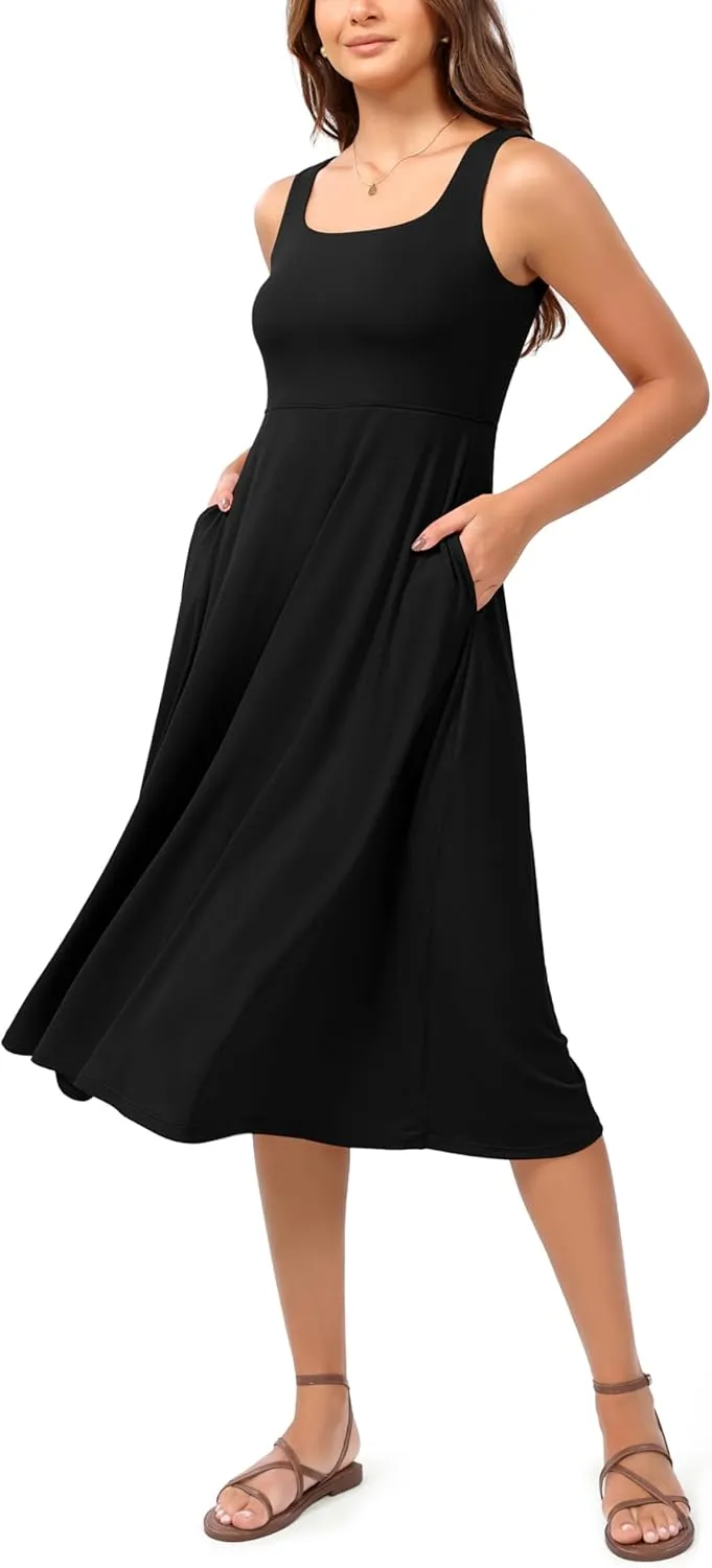 ODODOS Square Neck Midi Dress with Pockets for Women Summer Casual Sleeveless Sundress Flare Tank Dress