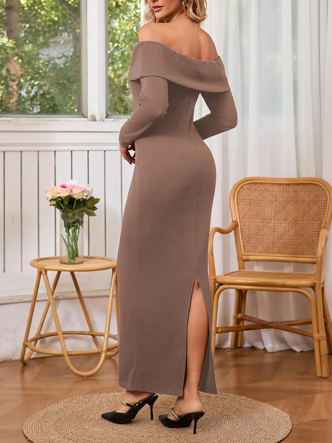Off Shoulder Dresses for Women Bodycon Long Sleeve Cocktail Party Club Maxi Dresses with Slit