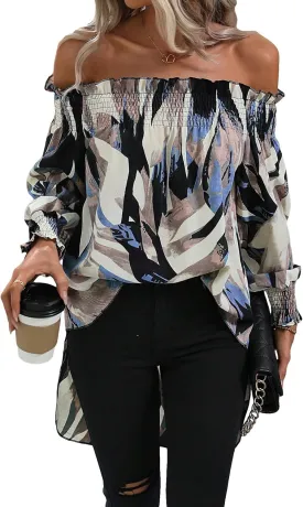 OYOANGLE Women's Off Shoulder High Low Tunic Tops Allover Print Long Puff Sleeve Blouse