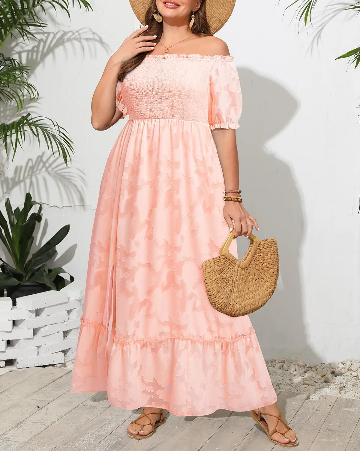 Plus Size Summer Dresses Maxi - Boho Casual Off Shoulder Floral Lace Long Dress with Pockets