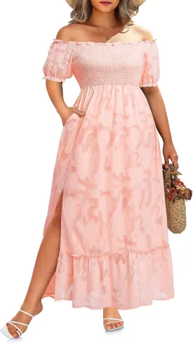 Plus Size Summer Dresses Maxi - Boho Casual Off Shoulder Floral Lace Long Dress with Pockets