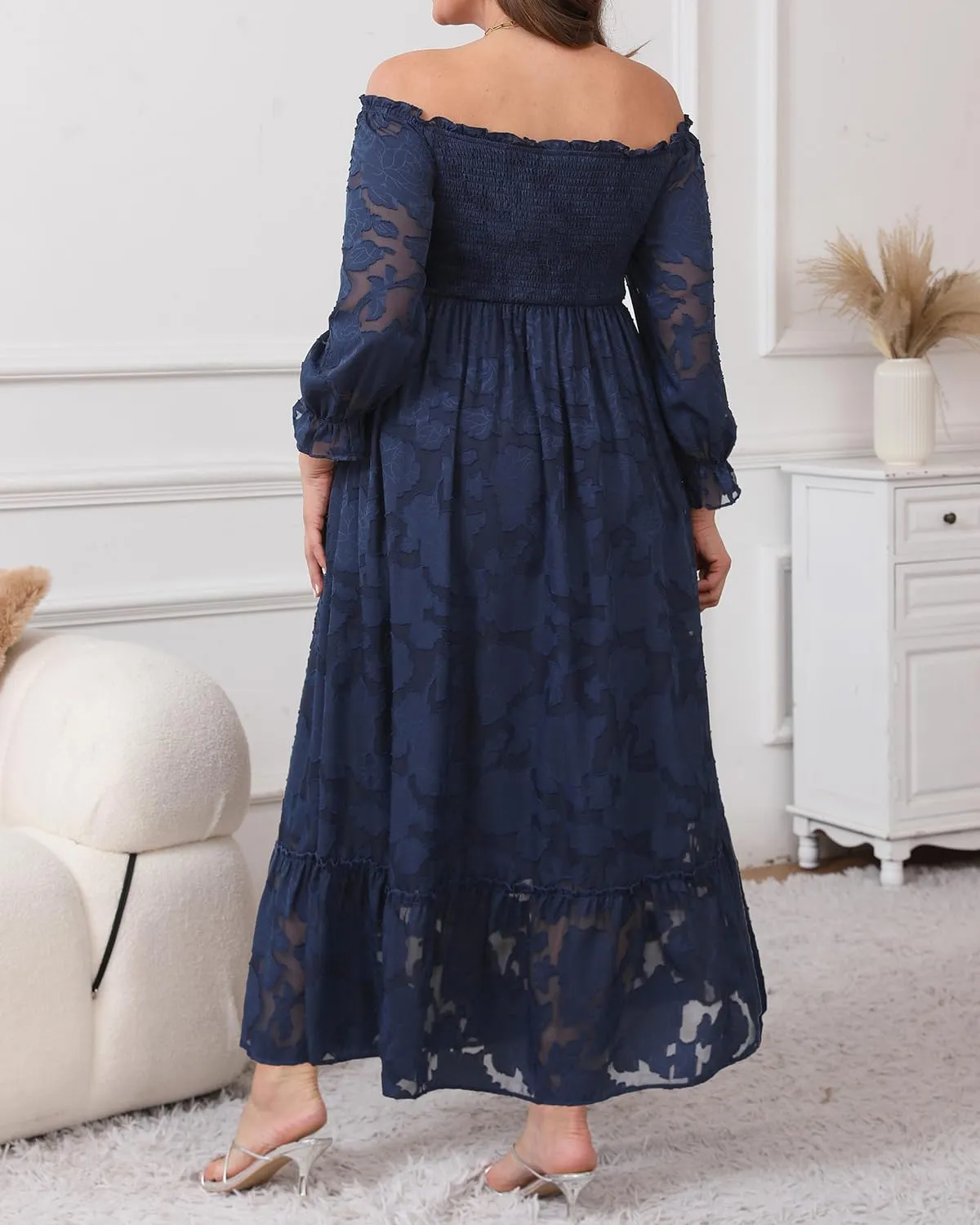 Plus Size Summer Dresses Maxi - Boho Casual Off Shoulder Floral Lace Long Dress with Pockets